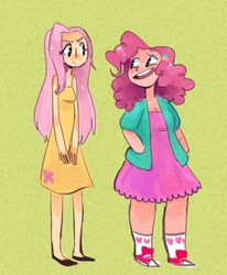 Size: 552x669 | Tagged: safe, artist:drunkzombies, fluttershy, pinkie pie, human, g4, clothes, converse, dress, duo, female, green background, hand in pocket, humanized, open mouth, shoes, simple background, sneakers