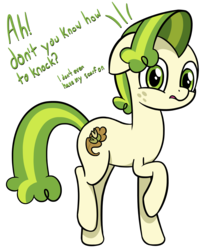 Size: 2939x3485 | Tagged: safe, artist:czu, pistachio, earth pony, pony, g4, my little pony best gift ever, cute, dialogue, embarrassed, floppy ears, high res, male, missing accessory, pistachiaww, simple background, solo, stallion, transparent background, we don't normally wear clothes