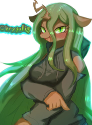 Size: 738x1000 | Tagged: safe, artist:flyger, queen chrysalis, changeling, changeling queen, anthro, g4, blushing, clothes, cute, cutealis, female, hoodie, open mouth, pixiv, simple background, solo, white background