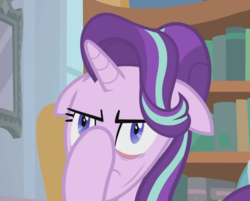 Size: 820x659 | Tagged: safe, screencap, starlight glimmer, pony, unicorn, a horse shoe-in, g4, bookshelf, cropped, facehoof, faic, female, floppy ears, great moments in animation, mare, solo