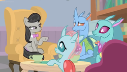 Size: 1600x900 | Tagged: safe, screencap, carapace (character), ocellus, octavia melody, spiracle, changedling, changeling, earth pony, pony, a horse shoe-in, bookshelf, chair, conference, cup, female, mare, sitting, table, teacup, teenager