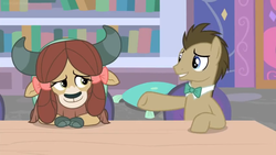 Size: 1600x900 | Tagged: safe, screencap, doctor whooves, time turner, yona, earth pony, pony, yak, a horse shoe-in, g4, book, bookshelf, bow, bowtie, cloven hooves, conference, cushion, female, hair bow, library, male, monkey swings, stallion, table, teenager