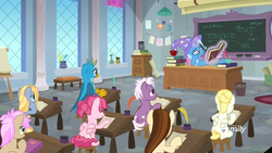 Size: 1920x1080 | Tagged: safe, screencap, bifröst, dawnlighter, gallus, goldy wings, loganberry, strawberry scoop, summer breeze, trixie, earth pony, griffon, pegasus, pony, unicorn, a horse shoe-in, g4, apple, book, bored, chalkboard, classroom, clothes, desk, discovery family logo, easel, female, food, friendship student, glowing horn, hat, hoof on cheek, horn, inkwell, levitation, magic, magic aura, male, mare, paper, quill, quill pen, reading, school of friendship, scroll, sitting, stallion, teenager, telekinesis, trash can, trixie's hat, vase, window