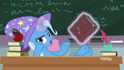 Size: 1920x1080 | Tagged: safe, screencap, trixie, pony, unicorn, a horse shoe-in, g4, annoyed, apple, book, bored, chalkboard, clothes, crossed legs, desk, discovery family logo, female, food, gesture, glowing horn, hat, hoof on cheek, horn, levitation, lidded eyes, looking at you, magic, mare, quill pen, raised eyebrow, solo, telekinesis, trixie's hat