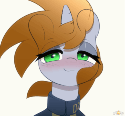 Size: 1125x1040 | Tagged: safe, artist:n0nnny, oc, oc only, oc:littlepip, pony, unicorn, fallout equestria, animated, awww, blushing, bust, clothes, commission, cute, daaaaaaaaaaaw, eye clipping through hair, fanfic, fanfic art, female, frame by frame, gif, headbob, horn, jumpsuit, looking at you, mare, ocbetes, pipabetes, portrait, simple background, solo, vault suit, white background