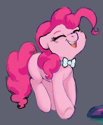 Size: 1196x1445 | Tagged: safe, artist:pucksterv, pinkie pie, twilight sparkle, earth pony, pony, g4, bowtie, cute, diapinkes, eyes closed, female, gray background, mare, open mouth, simple background, smiling, solo focus