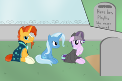 Size: 2400x1600 | Tagged: safe, artist:mightyshockwave, phyllis, starlight glimmer, sunburst, trixie, pony, unicorn, a horse shoe-in, g4, annoyed, beavis and butthead, cape, clothes, crying, dress, female, funeral, glasses, gravestone, graveyard, handkerchief, he never scored, male, mare, overreaction, phyllis no!, reference, robe, sad, see-through, shitposting, stallion, sunburst is not amused, sunburst's cloak, tissue, trixie is not amused, unamused, veil