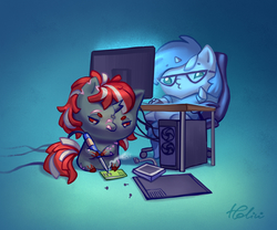 Size: 1378x1146 | Tagged: safe, artist:holivi, oc, pony, unicorn, broken horn, chibi, circuit board, commission, computer, duo, horn, soldering iron