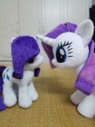 Size: 1440x1920 | Tagged: safe, artist:nekokevin, rarity, pony, unicorn, g4, 4de, duality, duo, female, irl, looking at each other, mare, photo, plushie, self ponidox, size difference, smiling