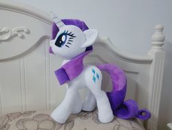 Size: 960x720 | Tagged: safe, artist:nekokevin, rarity, pony, unicorn, g4, bed, female, irl, mare, photo, pillow, plushie, smiling, solo