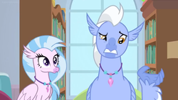 Size: 1600x900 | Tagged: safe, screencap, silverstream, sky beak, classical hippogriff, hippogriff, a horse shoe-in, g4, book, bookshelf, confused, father and daughter, female, jewelry, male, necklace, teenager, window