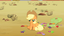 Size: 1920x1080 | Tagged: safe, screencap, applejack, earth pony, pony, g4, the last roundup, cute, female, floppy ears, jackabetes, looking down, mare, medal, ribbon, sad, sadorable, solo