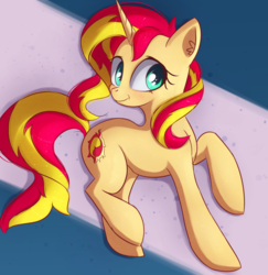 Size: 1943x1999 | Tagged: safe, artist:autumnvoyage, sunset shimmer, pony, unicorn, g4, :t, abstract background, cute, ear fluff, female, mare, raised hoof, raised leg, shimmerbetes, smiling, solo
