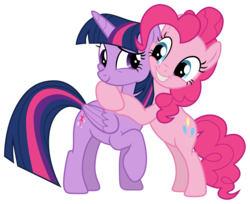 Size: 2437x1988 | Tagged: safe, artist:sonofaskywalker, pinkie pie, twilight sparkle, alicorn, earth pony, pony, g4, the summer sun setback, cute, diapinkes, duo, duo female, female, folded wings, friends, grin, high res, hug, looking at each other, looking at someone, mare, raised eyebrow, raised hoof, simple background, smiling, smiling at each other, transparent background, twiabetes, twilight sparkle (alicorn), vector