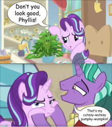 Size: 2160x2436 | Tagged: safe, edit, edited screencap, editor:wild stallions, screencap, firelight, phyllis, starlight glimmer, pony, unicorn, a horse shoe-in, g4, season 8, season 9, the parent map, fathers gonna father, female, high res, hypocritical humor, irony, like father like daughter, like parent like child, male, mare, meme, speech bubble, stallion, starlight glimmer is best facemaker, that's my pony, that's my x