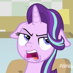 Size: 921x921 | Tagged: safe, screencap, starlight glimmer, pony, unicorn, a horse shoe-in, g4, annoyed, cropped, discovery family logo, disgusted, female, floppy ears, mare, reaction image, solo