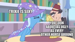 Size: 885x500 | Tagged: safe, edit, edited screencap, screencap, grampa gruff, trixie, griffon, pony, unicorn, a horse shoe-in, g4, blind eye, book, bookshelf, breath, burned, burnt, cape, caption, clothes, duo, female, funny, funny as hell, hat, hypocrisy, hypocritical humor, image macro, lamp, library, male, mare, meme, scar, talking in third person, text, trixie's cape, trixie's hat, yelling
