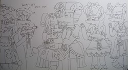 Size: 4292x2348 | Tagged: safe, artist:徐詩珮, fizzlepop berrytwist, glitter drops, pinkie pie, rainbow dash, spring rain, tempest shadow, twilight sparkle, unicorn, anthro, plantigrade anthro, series:ponies in precure universes, g4, secrets and pies, broken horn, crying, evil pie hater dash, female, food, glitter drops is not amused, horn, lesbian, lineart, mare, pie, pinkiehater, polyamory, precure, precure max heart, ship:glitterlight, ship:glittershadow, ship:pinkiedash, ship:sprglitemplight, ship:springdrops, ship:springlight, ship:springshadow, ship:springshadowdrops, ship:tempestlight, shipping, spring rain is not amused, tempest shadow is not amused, traditional art, unamused