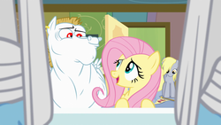 Size: 1920x1080 | Tagged: safe, screencap, bulk biceps, derpy hooves, fluttershy, rainbow dash, pegasus, pony, g4, rainbow falls, bandage, between legs, ear piercing, earring, female, flag, hospital, jewelry, looking at each other, looking down, male, mare, piercing, ponyville flag, stallion