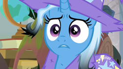 Size: 1920x1080 | Tagged: safe, screencap, trixie, pony, unicorn, a horse shoe-in, g4, burned, cape, classroom, clothes, discovery family logo, female, frazzled, frown, hat, heartbreak, mare, messy mane, offended, sad, school of friendship, solo, trixie's cape, trixie's hat, wide eyes