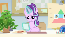 Size: 1600x900 | Tagged: safe, screencap, doctor whooves, octavia melody, phyllis, starlight glimmer, time turner, pony, unicorn, a horse shoe-in, g4, bulletin board, chart, desk, easel, female, folder, house plant, levitation, magic, mare, office, philodendron, photos, picture frame, pyramid, sad, telekinesis