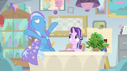 Size: 1600x900 | Tagged: safe, screencap, phyllis, starlight glimmer, trixie, pony, unicorn, a horse shoe-in, g4, bulletin board, cabinet, cape, ceiling light, clothes, desk, easel, female, file cabinet, flower vase, hat, house plant, mare, office, philodendron, picture frame, poser, smoke bomb, trixie's cape, trixie's hat