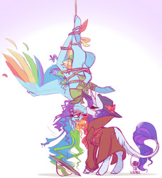 Size: 1164x1278 | Tagged: safe, artist:eqq_scremble, color edit, edit, rainbow dash, rarity, classical unicorn, pegasus, pony, unicorn, g4, blushing, clothes, cloven hooves, coat, colored, colored wings, detective rarity, female, hat, horn, kissing, leonine tail, lesbian, mare, multicolored wings, rainbow wings, rope, ship:raridash, shipping, tangled up, tied up, unshorn fetlocks, wings
