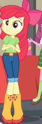 Size: 430x1254 | Tagged: safe, screencap, apple bloom, cheerilee, equestria girls, equestria girls series, g4, holidays unwrapped, the cider louse fools, spoiler:eqg series (season 2), apple bloom's bow, boots, bow, clothes, cropped, cute, female, hair bow, jeans, pants, shoes, solo focus, table