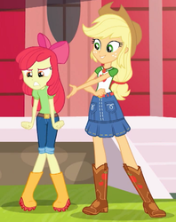 Size: 1161x1466 | Tagged: safe, screencap, apple bloom, applejack, equestria girls, equestria girls series, g4, holidays unwrapped, spoiler:eqg series (season 2), angry, apple bloom's bow, applejack's hat, belt, boots, bow, clothes, cowboy boots, cowboy hat, cropped, denim skirt, duo, female, freckles, frustrated, hair bow, hat, jeans, pants, shoes, skirt, stetson
