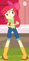 Size: 501x1045 | Tagged: safe, screencap, apple bloom, equestria girls, equestria girls series, g4, holidays unwrapped, the cider louse fools, spoiler:eqg series (season 2), apple bloom's bow, boots, bow, clothes, cropped, female, hair bow, jeans, looking at something, pants, shoes, solo