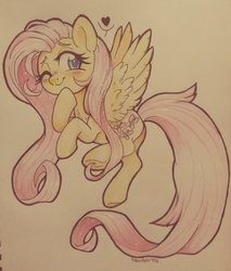 Size: 2256x2646 | Tagged: safe, artist:hawthornss, fluttershy, pegasus, pony, g4, blushing, cute, female, flying, heart, high res, looking at you, mare, one eye closed, pencil drawing, shyabetes, simple background, solo, traditional art, white background, wink