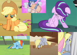 Size: 1518x1092 | Tagged: safe, screencap, applejack, derpy hooves, fluttershy, octavia melody, rainbow dash, starlight glimmer, changeling, pony, g4, rainbow falls, slice of life (episode), the last roundup, to where and back again, bow (instrument), cello, cute, eyes closed, female, flag, floppy ears, looking down, mare, musical instrument, ribbon, sad, sadorable, unhapplejack