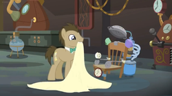 Size: 1600x896 | Tagged: safe, screencap, doctor whooves, time turner, earth pony, pony, a horse shoe-in, g4, blanket, chair, chamber, clock, colander, cup, duct tape, flask, jar, laboratory, ladle, male, mouth hold, mug, solo, stallion, tape, vacuum cleaner