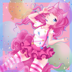 Size: 1000x1000 | Tagged: safe, artist:jaumaruyama, pinkie pie, human, g4, clothes, cute, diapinkes, eared humanization, female, humanized, looking at you, miniskirt, moe, noisemaker, one eye closed, peace sign, shirt, skirt, socks, solo, striped socks, suspenders, tailed humanization, thigh highs, thighs, wink, zettai ryouiki