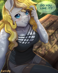 Size: 2000x2500 | Tagged: safe, artist:evomanaphy, oc, oc only, oc:evo, earth pony, anthro, adorasexy, bench, blushing, boob window, breasts, cleavage, clothes, colored pupils, cute, female, freckles, high res, looking at you, mare, sexy, sitting, smiling, solo, speech bubble