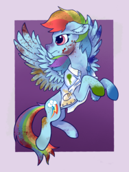 Size: 1536x2048 | Tagged: safe, artist:brownbush, rainbow dash, pegasus, pony, fanfic:rainbow factory, g4, abstract background, blood, clothes, cutie mark, ear fluff, fanfic art, female, floppy ears, flying, frown, mare, rainbow factory dash, shirt, solo