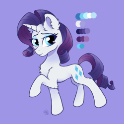 Size: 2000x2000 | Tagged: safe, artist:brownbush, rarity, pony, unicorn, g4, chest fluff, cutie mark, ear fluff, female, high res, looking at you, mare, purple background, raised hoof, reference sheet, simple background, smiling, solo
