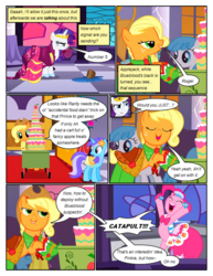 Size: 612x792 | Tagged: safe, artist:newbiespud, edit, edited screencap, screencap, applejack, diamond mint, lemon hearts, lightning bolt, lyra heartstrings, pinkie pie, white lightning, earth pony, pegasus, pony, unicorn, comic:friendship is dragons, g4, the best night ever, angry, background pony, bipedal, cart, clothes, comic, dialogue, dress, eyes closed, female, flower, flower in hair, freckles, gala dress, glare, gown, hat, jewelry, looking back, looking up, mare, pinkie pie's first gala dress, puddle, rarity's first gala dress, saddle, screencap comic, smiling, tack, tiara