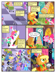 Size: 612x792 | Tagged: safe, artist:newbiespud, edit, edited screencap, screencap, applejack, bruce mane, caesar, carrot top, count caesar, diamond mint, fine line, golden harvest, lyrica lilac, masquerade, maxie, north star, orion, perfect pace, pinkie pie, prince blueblood, royal ribbon, sealed scroll, shooting star (g4), star gazer, earth pony, pegasus, pony, unicorn, comic:friendship is dragons, g4, the best night ever, background pony, background pony audience, cake, cart, clothes, comic, dialogue, dress, eyes closed, female, flower, flower in hair, food, freckles, gown, hat, jumping, looking up, male, mare, pinkie pie's first gala dress, saddle, screencap comic, shocked, stallion, surprised, tack, top hat