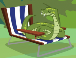 Size: 635x483 | Tagged: safe, screencap, antoine, python, snake, g4, she talks to angel, ambiguous gender, animal, beach chair, chair, cropped, eyes closed, solo
