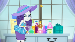 Size: 1920x1080 | Tagged: safe, screencap, rarity, camping must-haves, equestria girls, equestria girls series, g4, spoiler:eqg series (season 2), beautiful, bracelet, clothes, cosmetics, cute, dresser, female, geode of shielding, hat, jewelry, looking at you, lotion, magical geodes, pencil skirt, perfume, raribetes, rarity peplum dress, rarity's bedroom, skirt, smiling, window