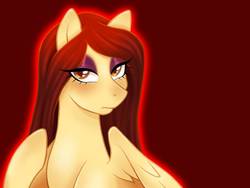 Size: 1024x768 | Tagged: safe, artist:honeycry, oc, oc only, oc:honey blood, pegasus, pony, eye clipping through hair, eyeshadow, female, frown, makeup, mare, raised hoof, red background, simple background, solo