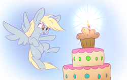 Size: 1900x1200 | Tagged: safe, alternate version, artist:heir-of-rick, derpy hooves, pegasus, pony, g4, birthday cake, birthday candles, cake, candle, female, flying, food, mare, muffin, solo, tongue out