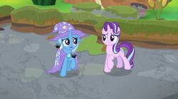 Size: 1600x896 | Tagged: safe, screencap, starlight glimmer, trixie, pony, a horse shoe-in, g4, bog, burnt, cape, clothes, hat, singed, trixie's cape, trixie's hat