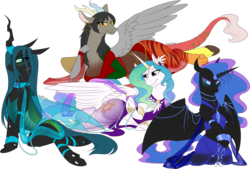 Size: 2531x1712 | Tagged: safe, artist:mythpony, nightmare moon, princess celestia, queen chrysalis, oc, oc:shawn, oc:shawnette, alicorn, changeling, changeling queen, draconequus, pony, g4, belly dancer, clothes, digital art, draconequus oc, female, harem, harem outfit, mare, rule 63, simple background, transparent background