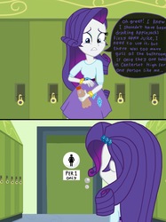 Size: 2048x2732 | Tagged: safe, artist:justsomepainter11, rarity, comic:rarity's rest problem, equestria girls, g4, bathroom, clothes, comic, dialogue, female, high res, lockers, show accurate, solo
