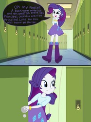 Size: 2048x2732 | Tagged: safe, artist:justsomepainter11, rarity, comic:rarity's rest problem, equestria girls, g4, boots, bracelet, clothes, comic, dialogue, female, high res, jewelry, lockers, shoes, show accurate, skirt, solo
