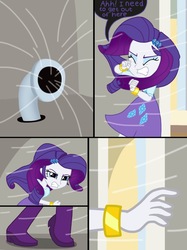 Size: 2048x2732 | Tagged: safe, artist:justsomepainter11, rarity, comic:rarity's rest problem, equestria girls, g4, boots, bracelet, clothes, comic, dialogue, female, high res, jewelry, pipe (plumbing), shoes, show accurate, skirt, solo, sucking, vacuum