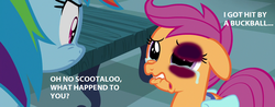 Size: 1280x504 | Tagged: safe, edit, edited screencap, screencap, rainbow dash, scootaloo, pegasus, pony, g4, parental glideance, abuse edit, accident, background pony strikes again, black eye, buckball, crying, op is a duck, op is trying to start shit, ouch