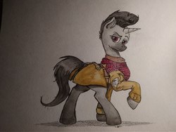 Size: 1280x960 | Tagged: safe, artist:borsch-zebrovich, oc, oc only, pony, unicorn, clothes, female, jacket, mare, raised hoof, solo, traditional art, watercolor painting